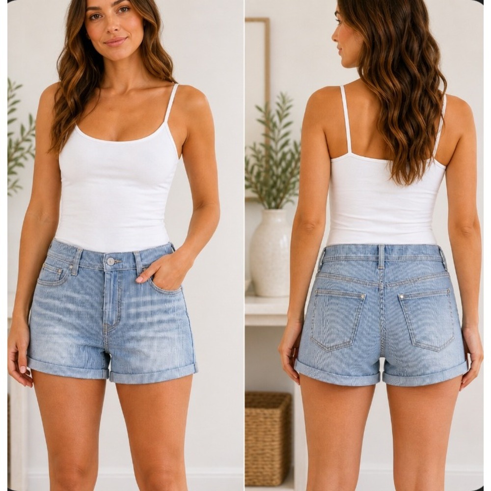Pilcro Hyphen Shorts Womens 27 Blue Striped Denim Chino Stretch Distress‎